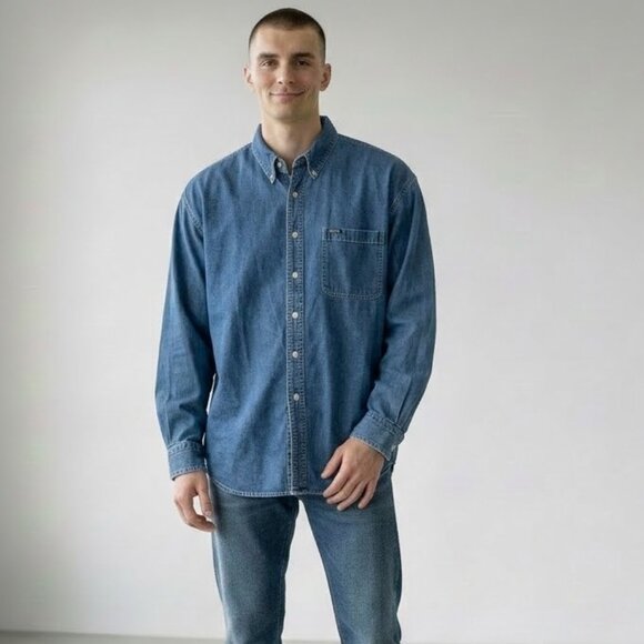 Vintage Chaps Ralph Lauren Thick Denim Jean Cotton Button Down Shirt Men's 2XL - Picture 2 of 8